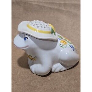 VTG Avon 1980 Flirtatious Frog w/Hat Yellow Trim and Flowers Porcelain Diffuser